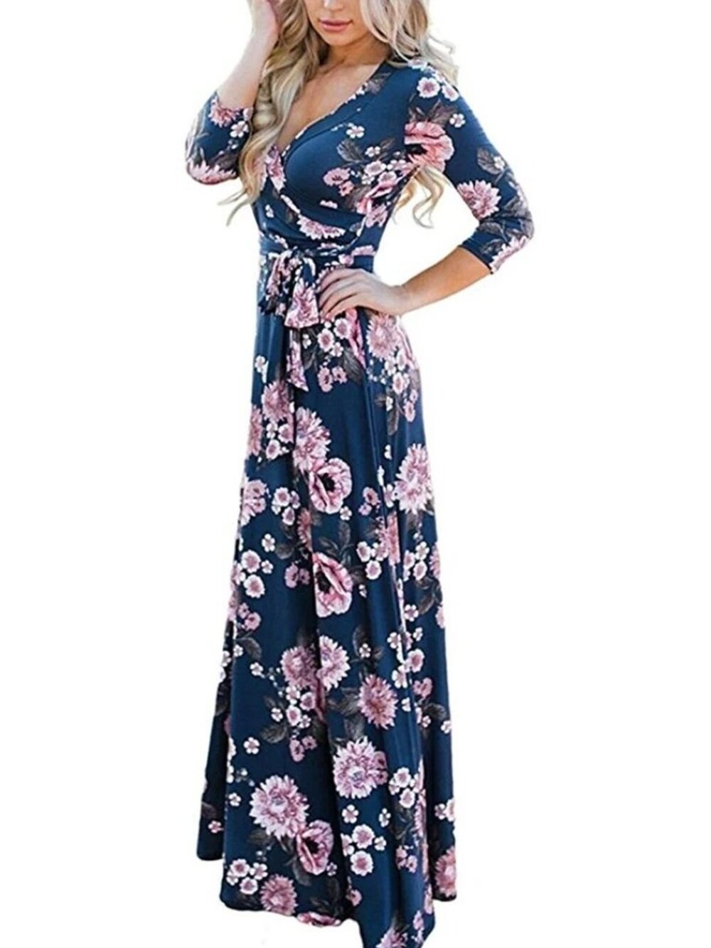 Women's Floral Wrap V Neck Maxi Dress Tie Waist Blue 3/4 Sleeves Size M - Picture 3 of 9